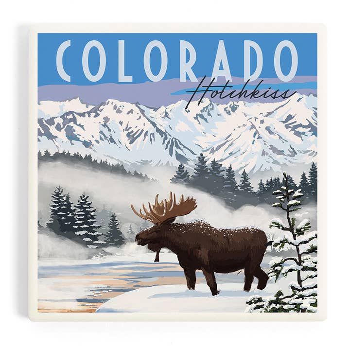 CERAMIC COASTER Hotchkiss, Colorado, Moose, Winter Scene for wholesale by Lantern Press