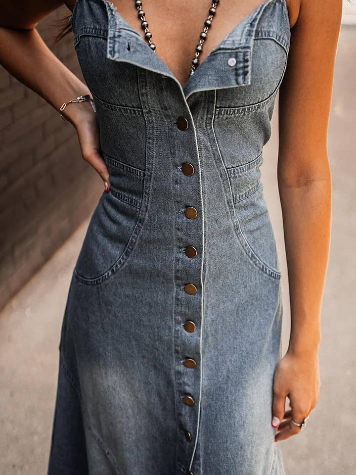 Mccolin - Wholesale Dress - Women's - Button-Front Denim A-Line Dress3