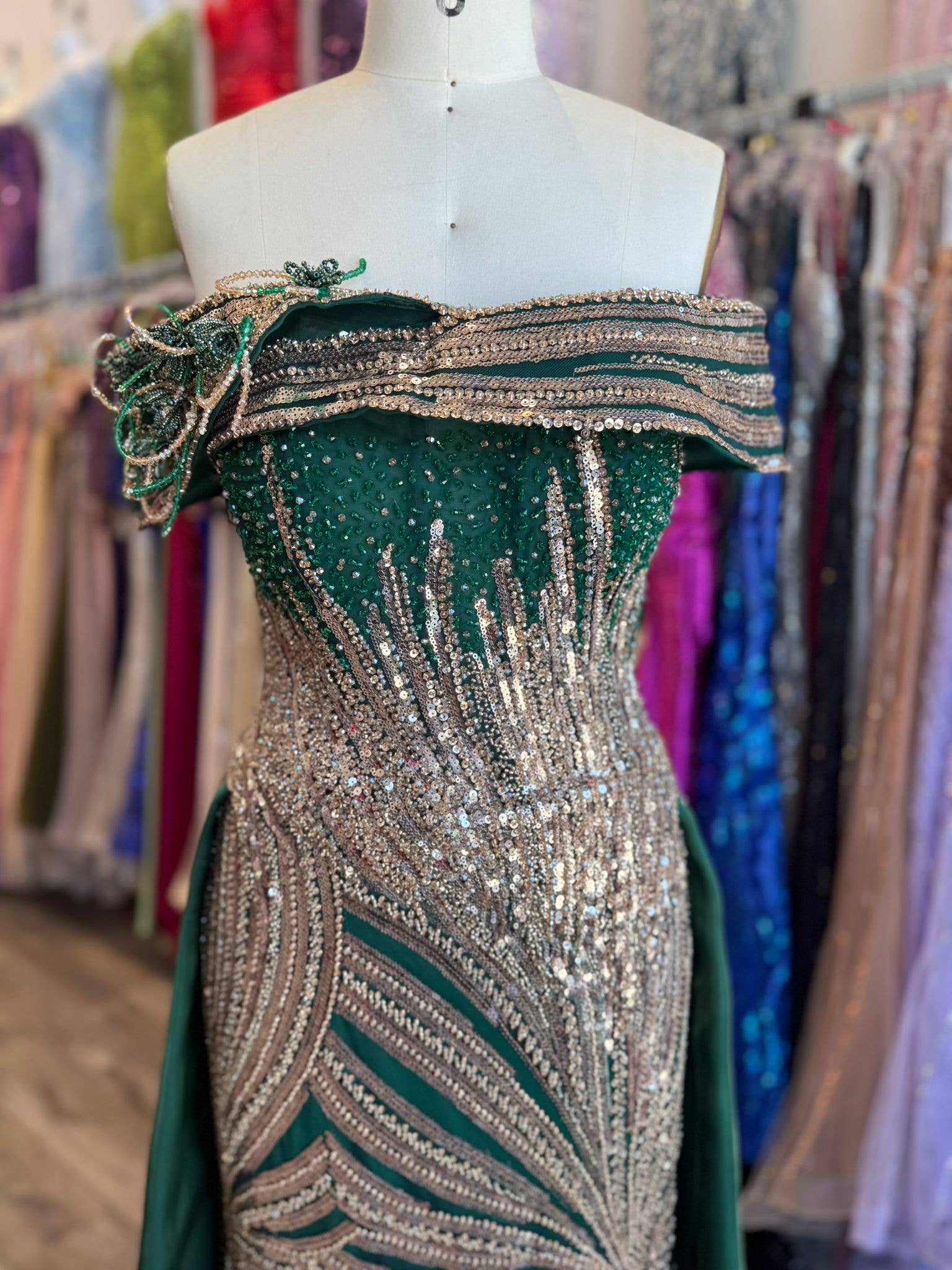 GREEN Off the shoulder sweetheart neckline, beaded details, leg sl for wholesale on Faire3