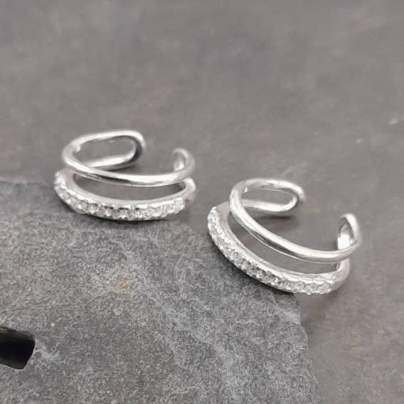 Bluelily925silver - Wholesale Cuff/Wrap Earrings - SE530 - EAR CUFF 2 LINE CZ 11MM