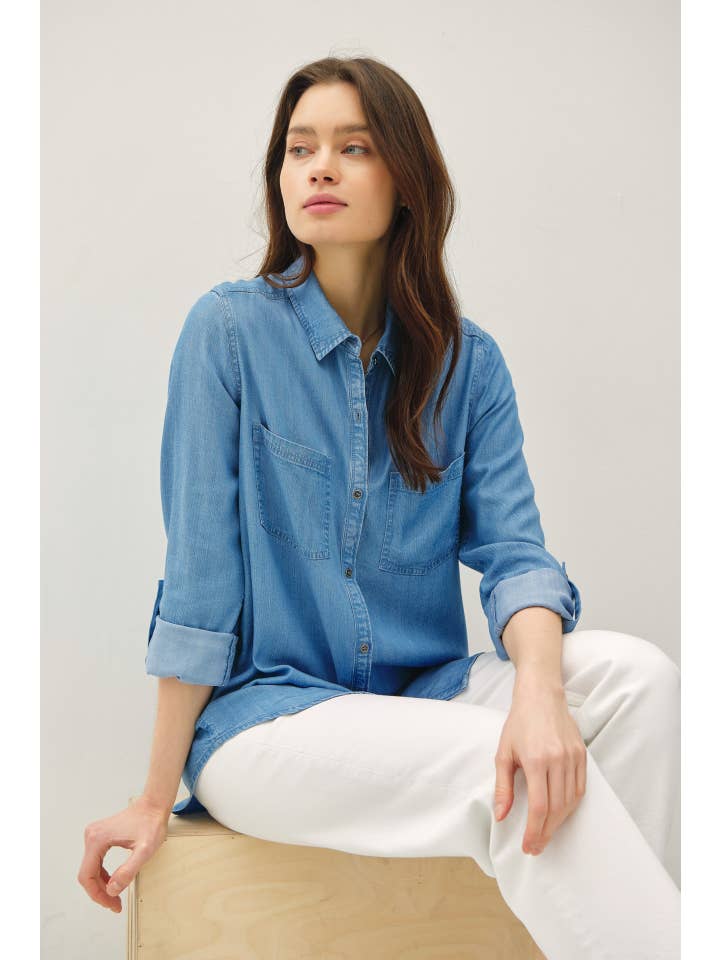 Be Cool - Wholesale Button Down Shirt - Women's - DENIM LOOK LONGSLEEVE TENCEL SHIRT