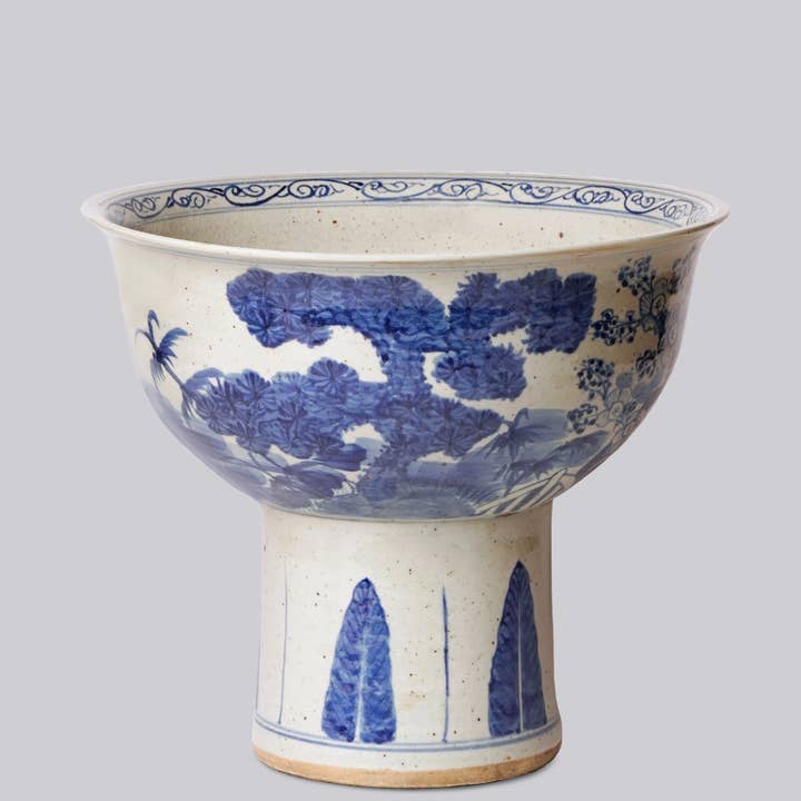 Blue and White Porcelain Three Friends Footed Bowl for wholesale by Cobalt Guild