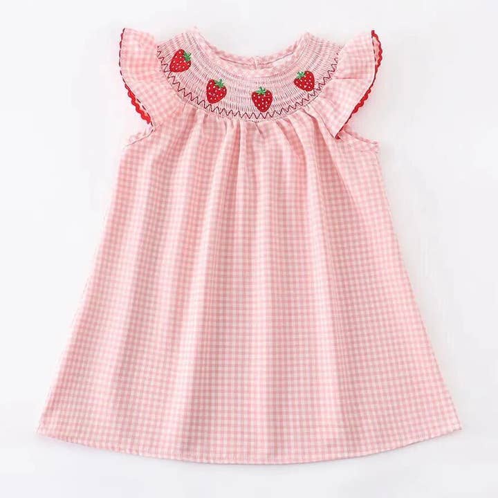 Girls Summer Strawberry Smocking Embroidered Dress for wholesale by Auraquise