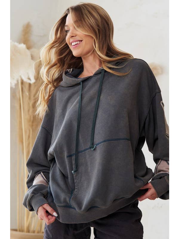 JADE BY JANE - Wholesale Hoodie - Women's - MINERAL WASHED LONG SLEEVE STAR PATCHED HOODIE0
