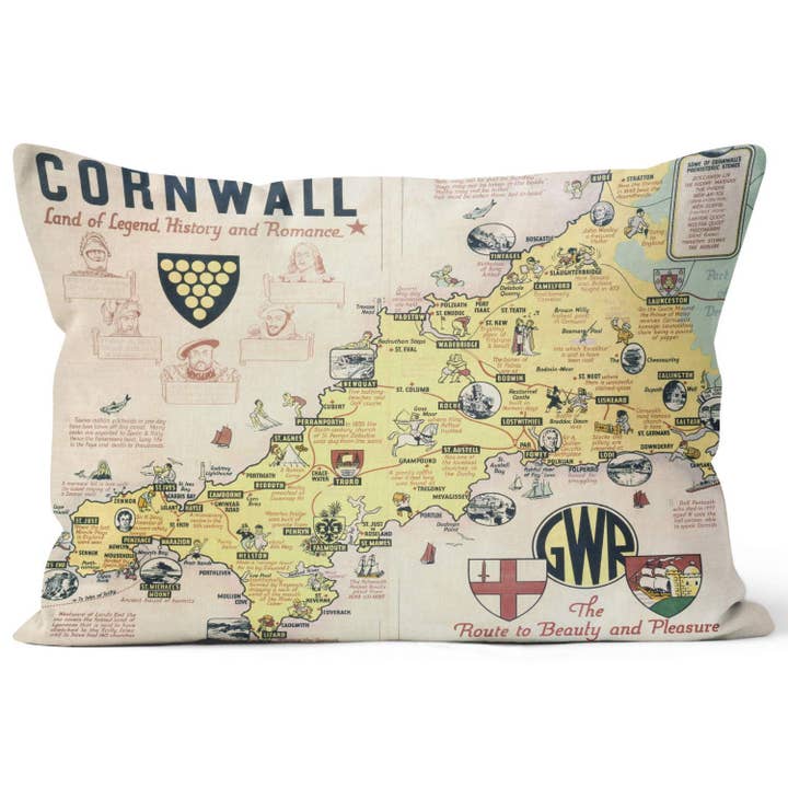 Mappa della Cornovaglia - Cuscino National Railways Museum per la vendita all'ingrosso da parte di ART CUSHIONS