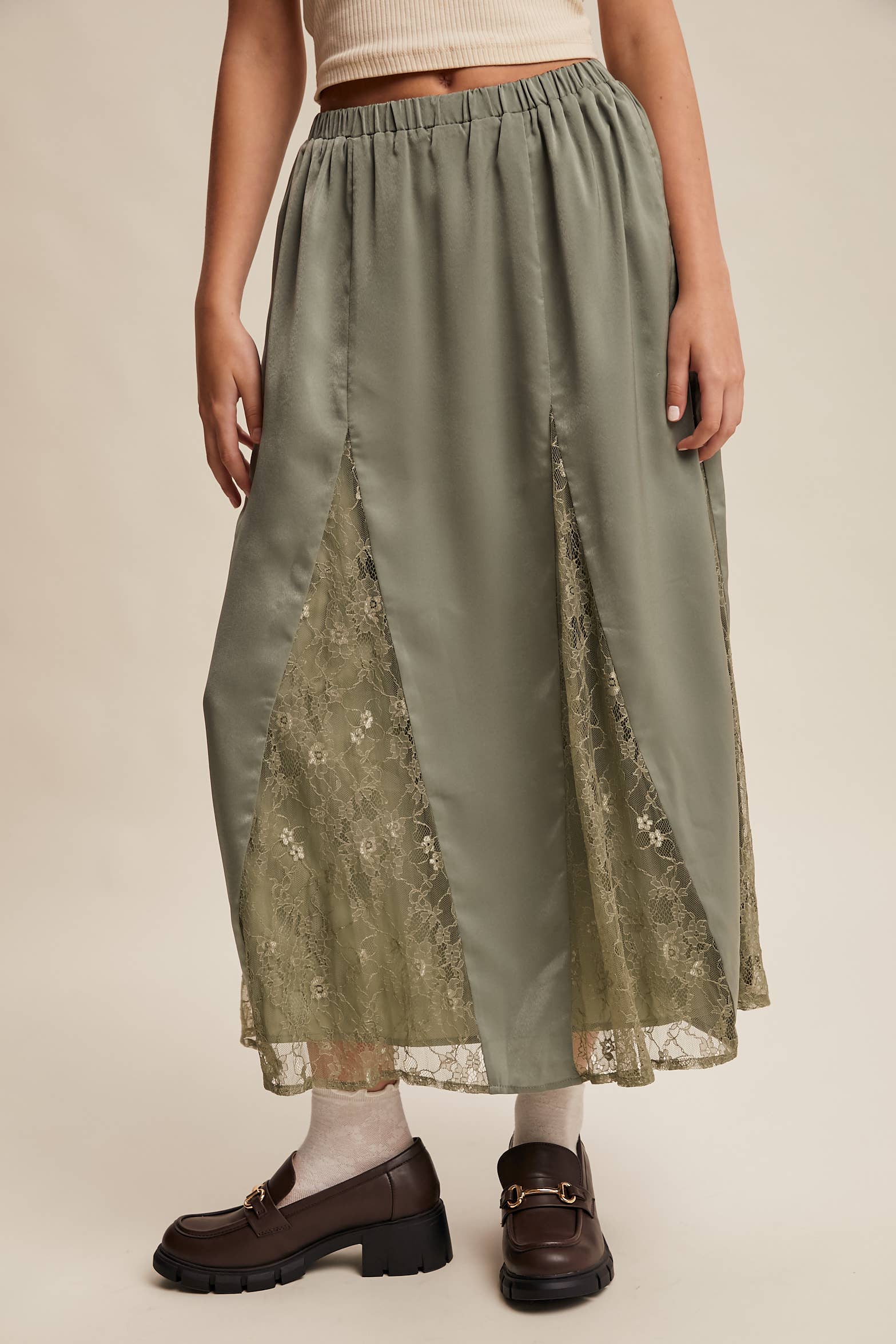 Listicle – wholesale Skirt – Women’s – Lace Inset Satin Midi Skirt LSK027214