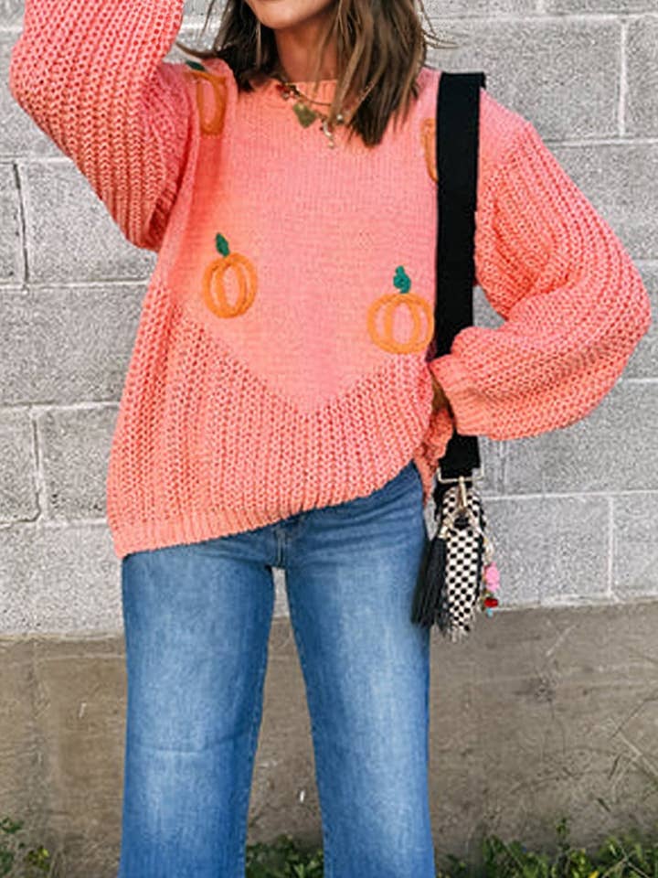 Pumpkin Embroidered Thanksgiving Holiday Sweater for wholesale by PRETTY BASH