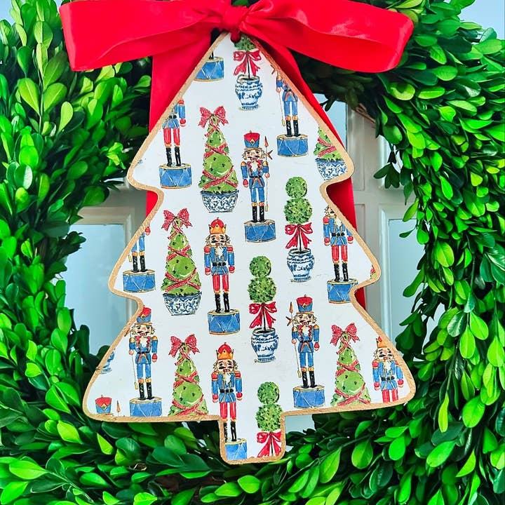 SoCharm Designs - Wholesale Door Hanger - Handmade Christmas Door Hanger - Chinoiserie Tree and Nutcracker Tree 12”