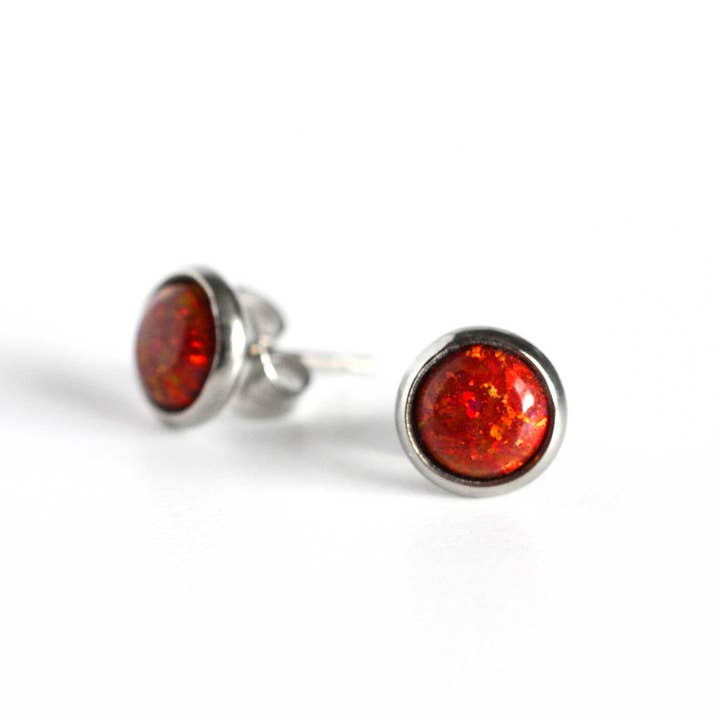 Red Lab Opal Stud Earrings, Hypoallergenic Surgical Steel Studs for wholesale by Little Gems Jewels