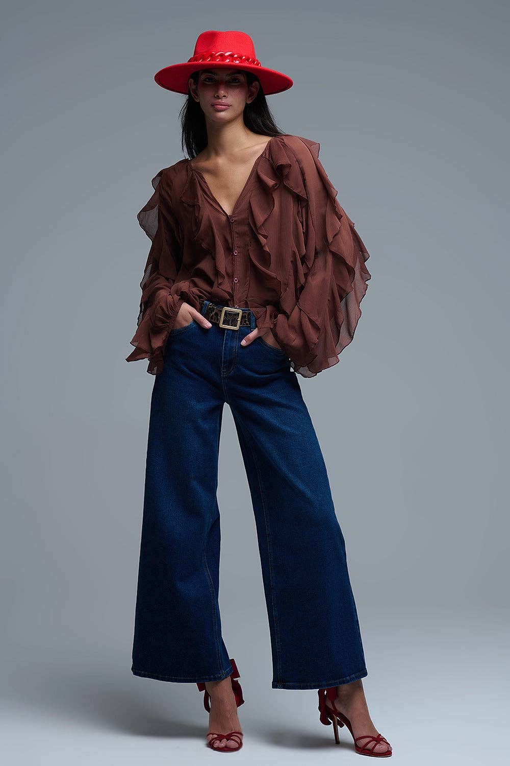 Brown V-Neck All Over Ruffle Blouse for wholesale on Faire1