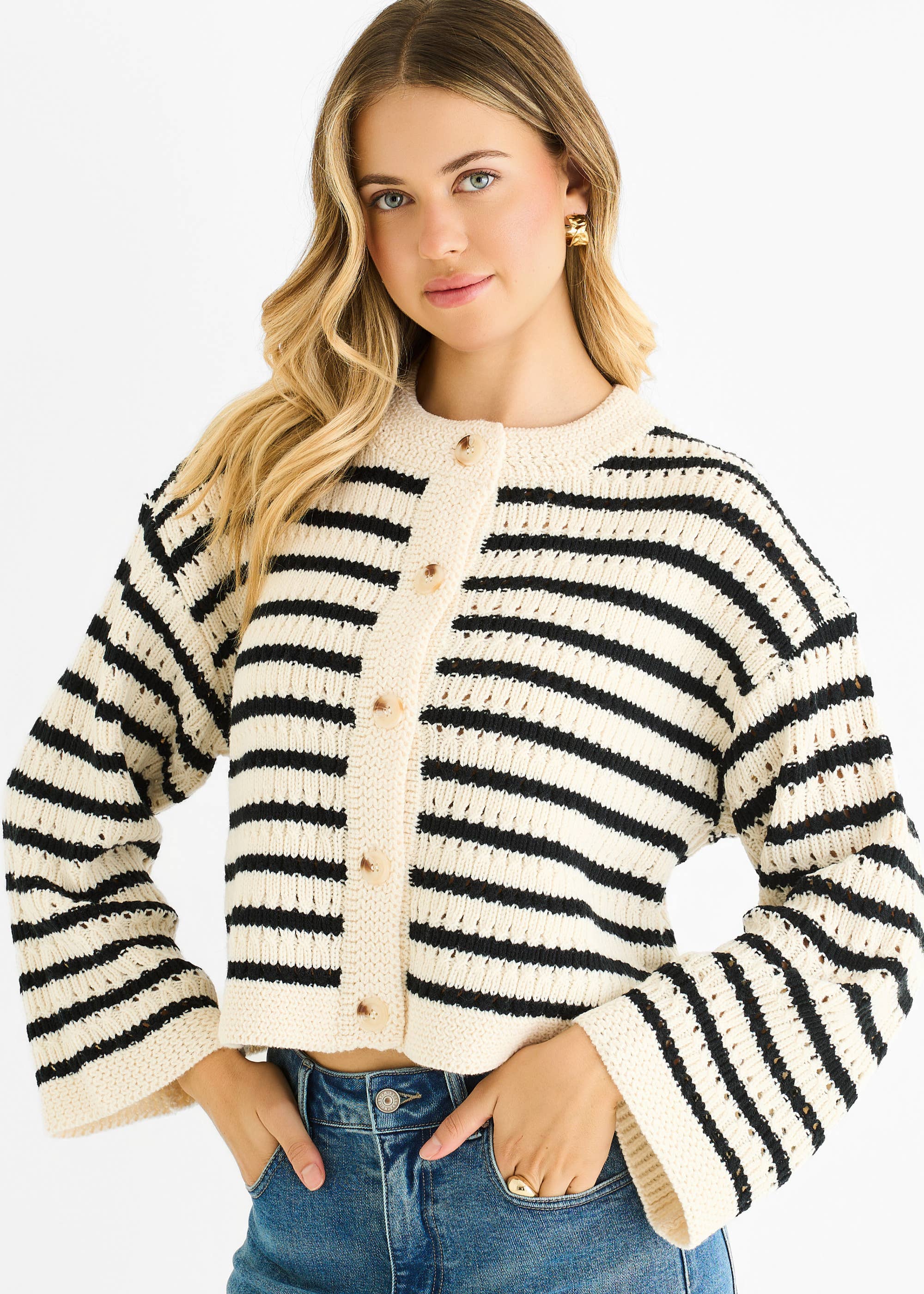 GINI LONDON - Wholesale Dress - Women's - Cream Stripe Cable Knit Crop Cardigan0