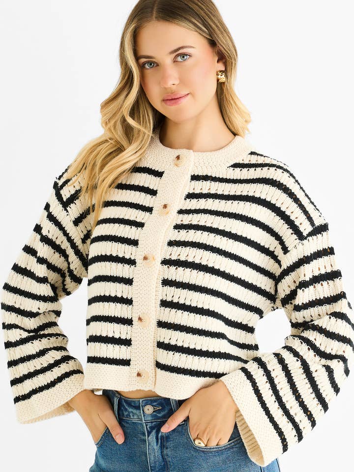 GINI LONDON - Wholesale Dress - Women's - Cream Stripe Cable Knit Crop Cardigan