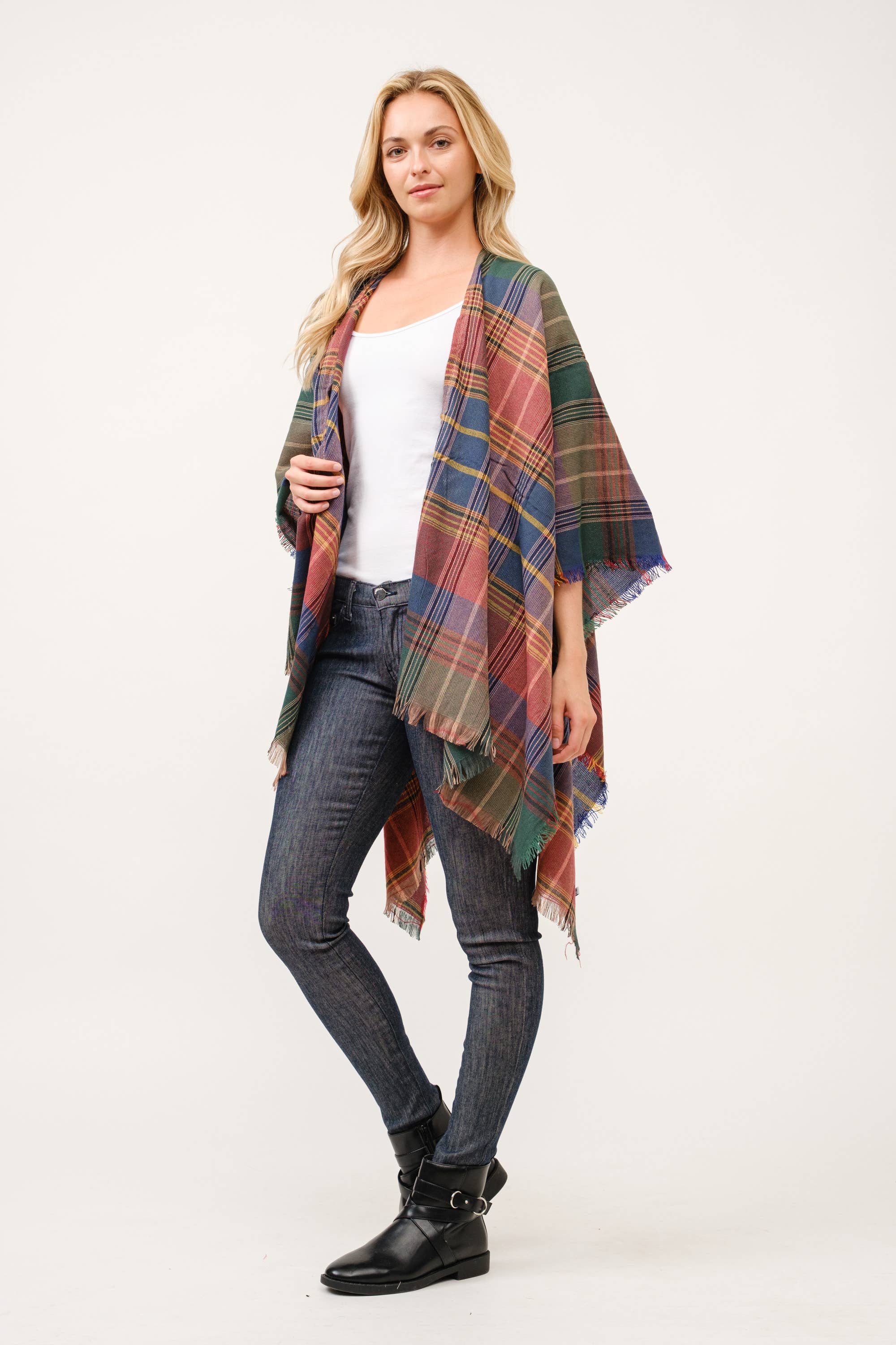 Raj Trading & Imports (USA) Inc. - Wholesale Kimono - Women's - Autumn Plaid Fringe Poncho Kimono Ruana11