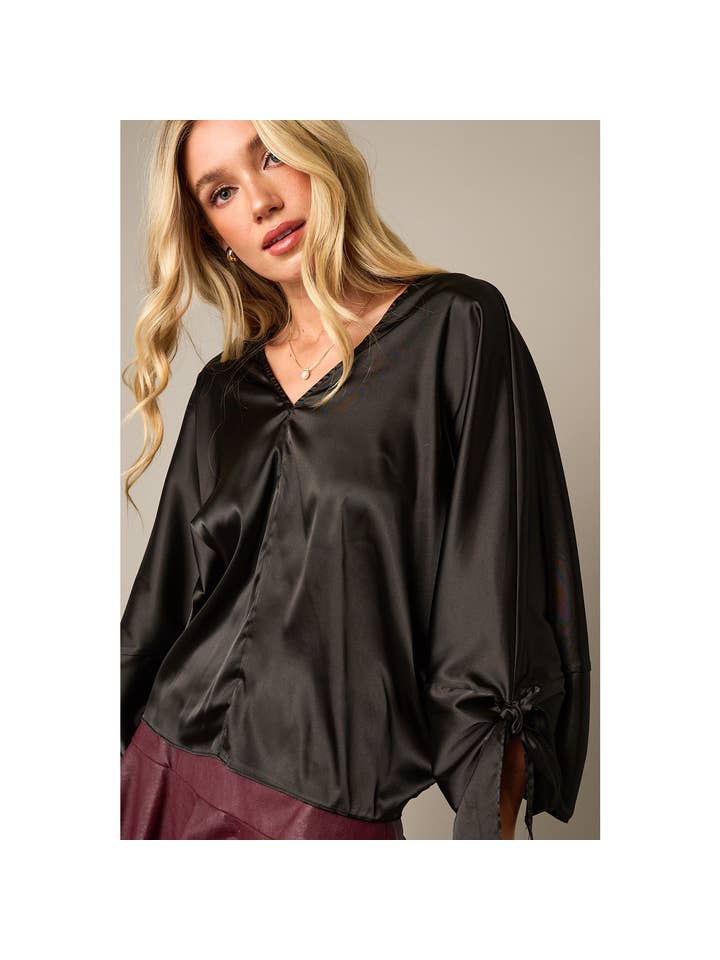 mittoshop - Vente Chemisier – femme - BLOUSE EN SATIN À MANCHES LONGUES AVEC DÉTAIL NŒUD ET COL EN V