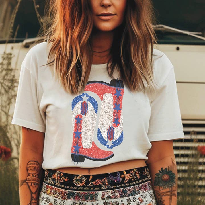 REMOVED BRAND - Wholesale Screen Printed T-Shirt - Women's - American classic tee | western boots sequins | glitter4