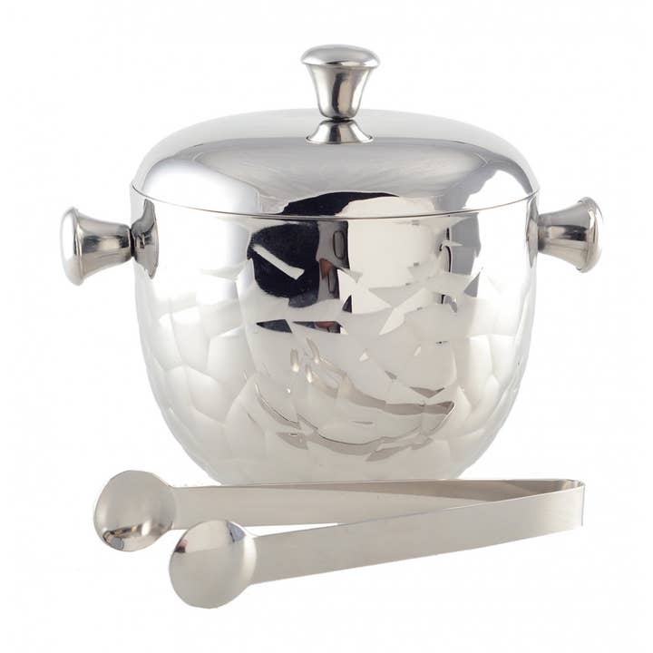 Silver double-walled ice bucket with tongs 16x16x18cm for wholesale by AULICA