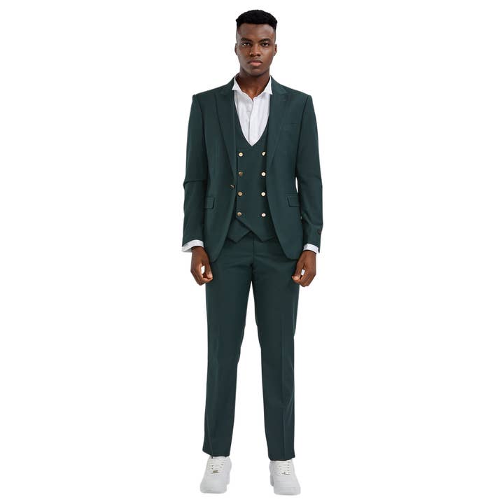 Tazzio 3pc Peak Lapel Suit Set, Double-Breasted Vest, Green for wholesale by Suits America