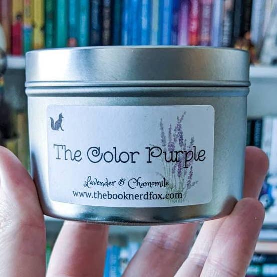 The Color Purple - Lavender & Chamomile Soy Candle for wholesale by The Book Nerd Fox