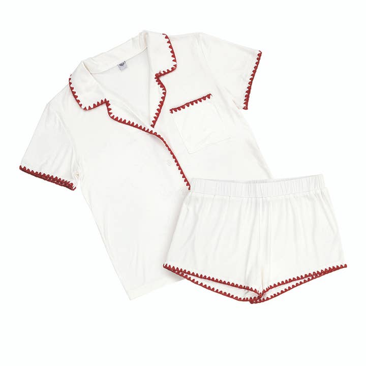 Short Bamboo PJ Set - White + Burgundy Whip Stitch for wholesale by Bella Sleep + Spa