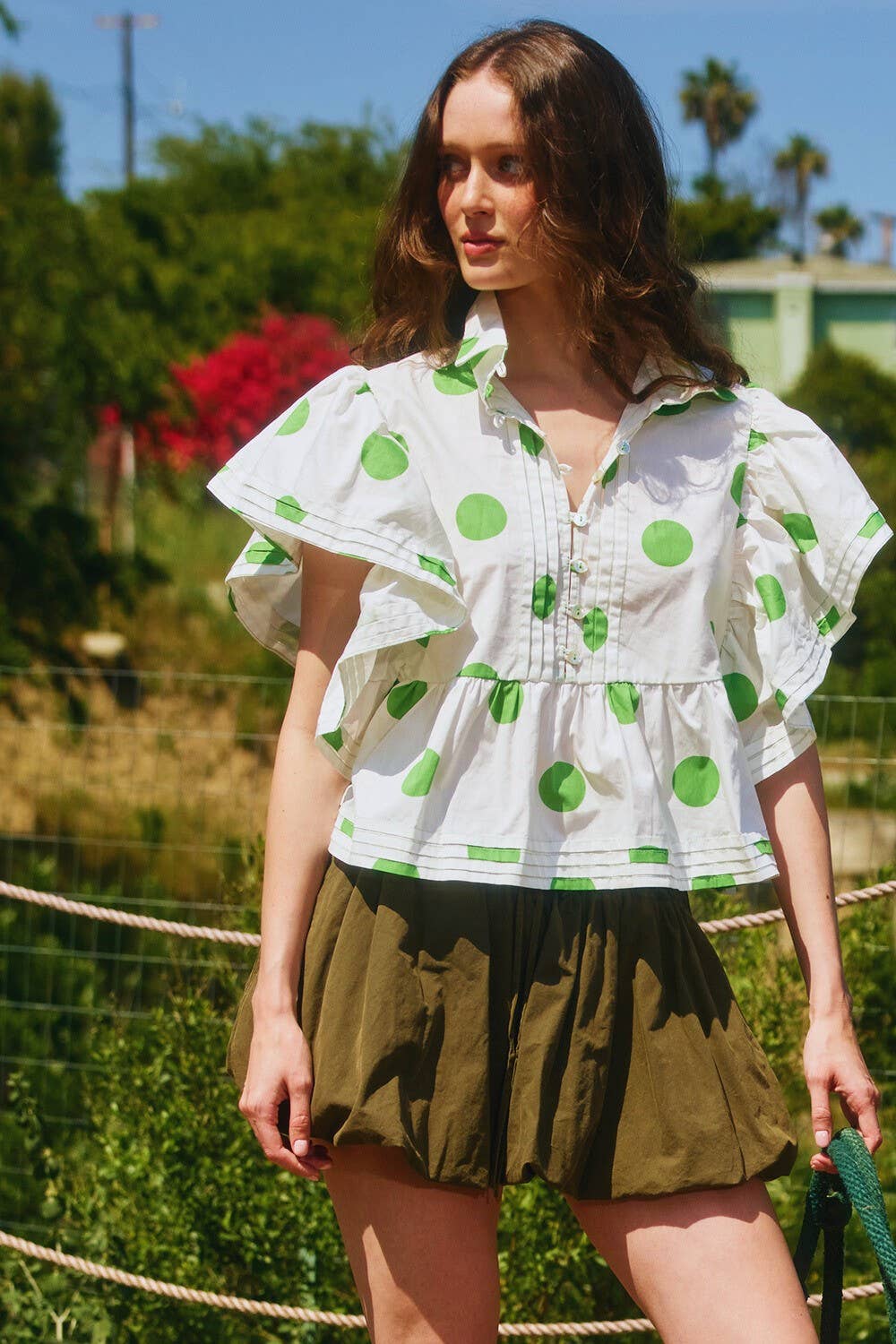 BUCKETLIST INC - Wholesale Blouse - Women's - IT2337 Ruffle Sleeves Pintuck Detail Polka Dot Print top38