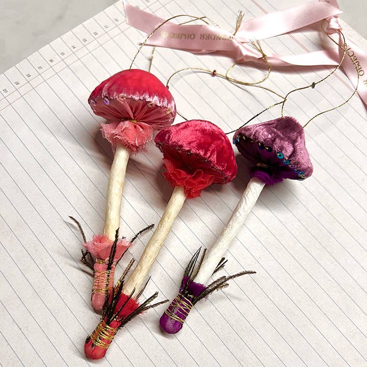 Wonder Objects - Wholesale Ornament - Velvet Mushroom Ornaments with Peacock Feather Accent6