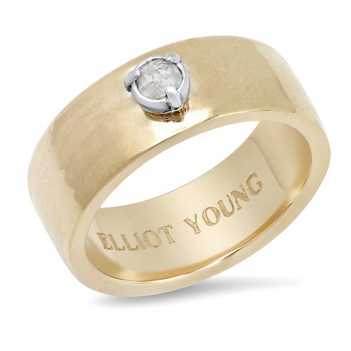 "Liquid Metal" 14K Yellow Gold Wide Hammered Band with Natural Rose Cut Diamond for wholesale by Elliot Young Fine Jewelry