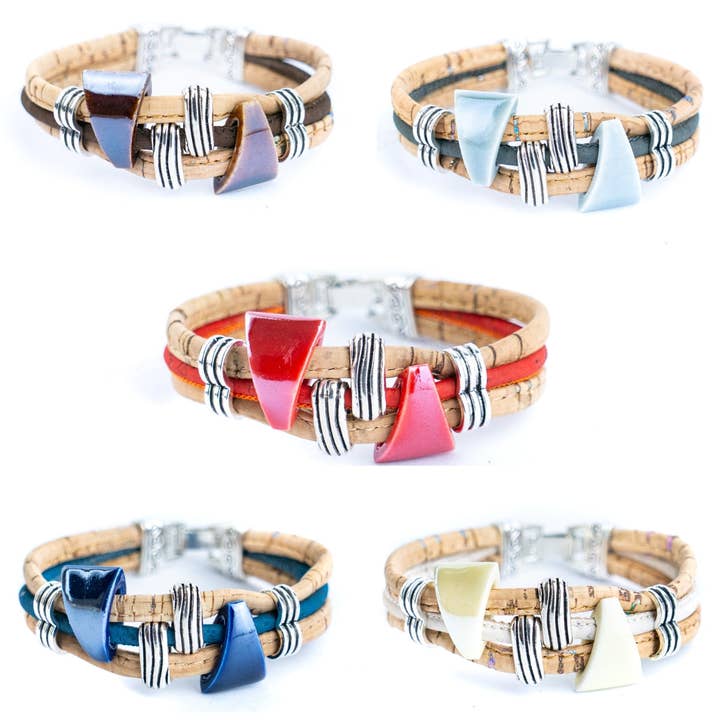 Geometric Ceramic Cork Bracelet | Handmade in Portugal BR-476-MIX-5 for wholesale by Meninas Bonitas Cork