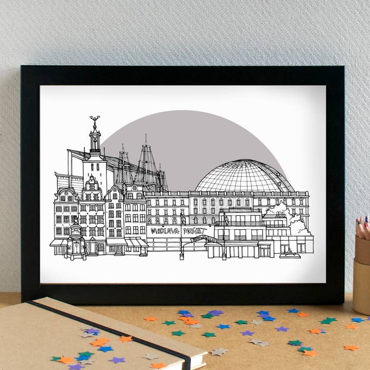 Stockholm Skyline Landmarks Art Print - unframed for wholesale by Becka Griffin Illustration