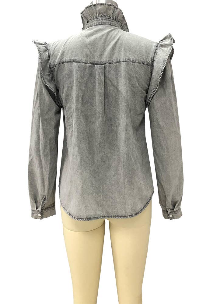Grey TOPW610 Ruffle Button Closure Denim Blouse Top Women for wholesale on Faire5