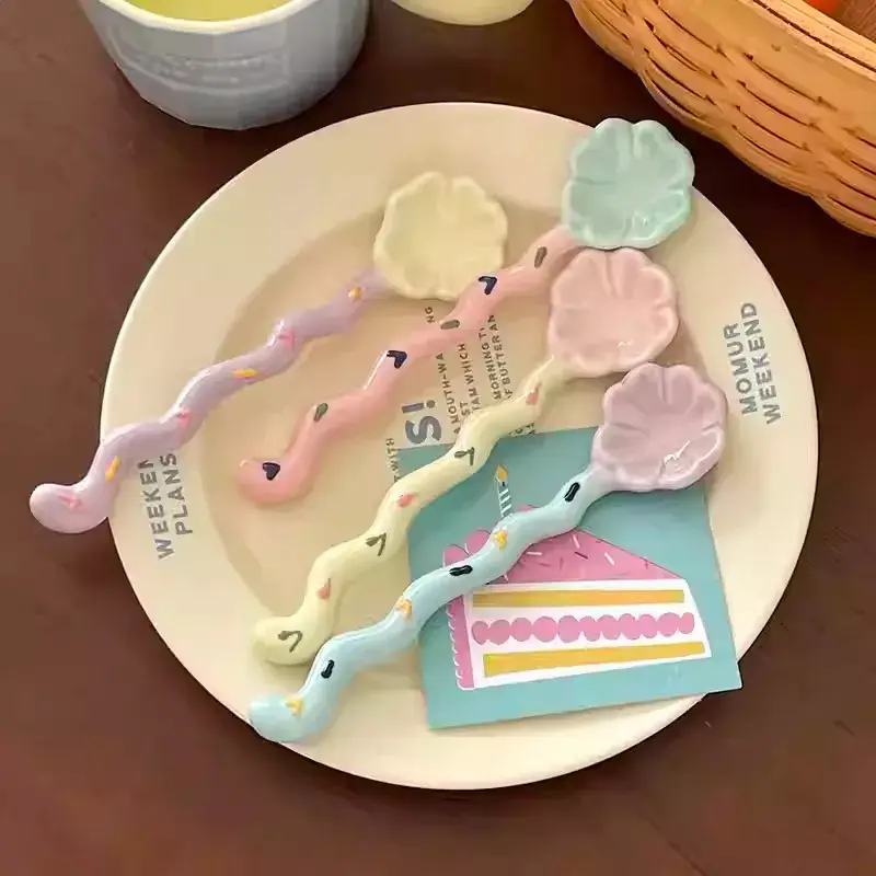 Otterware - Wholesale Table Spoon (Cutlery) - Whimsical Wavy Handle Flower Ceramic Dessert Spoons 4 colors14