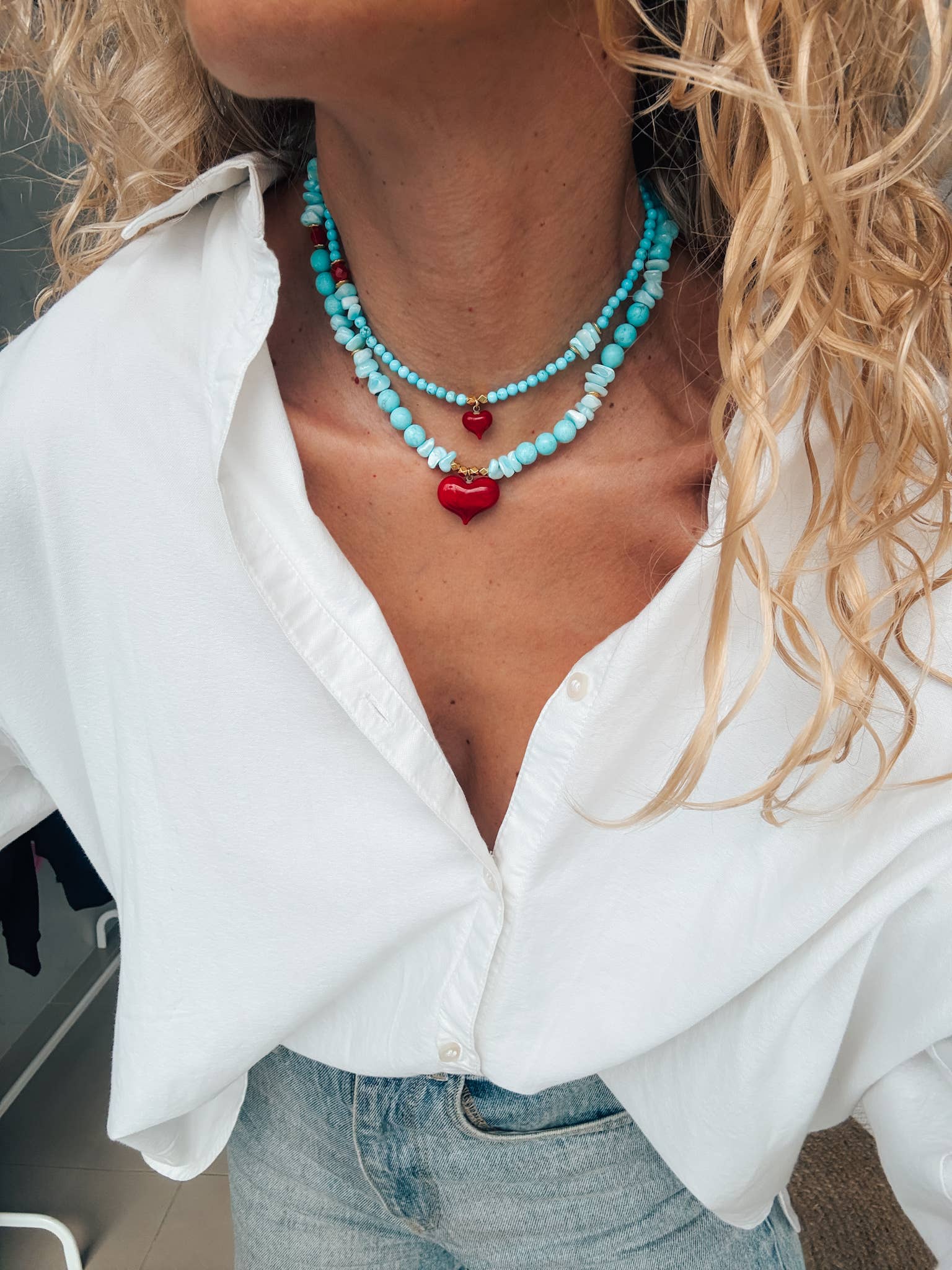 Goupi - Wholesale Kralen/parelketting - Hoeliet turquoise kralen ketting met rood hart, set van twee7