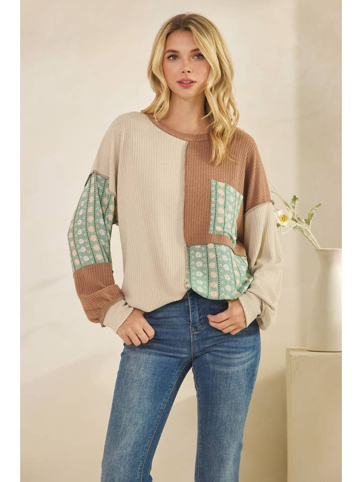 7th Ray - Wholesale Knit Top - Women's - Color Block Floral Patchwork Pullover Top T59895