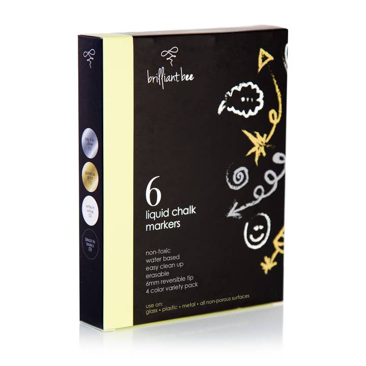 6 Pack, Black (2), White (2), Silver (1), Gold (1) Liquid Chalk Markers Set with Reversible Tip for wholesale by Wildkin