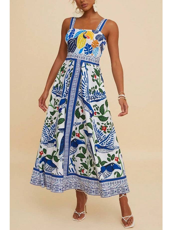 Boho Tropical Birdie Blue floral print strappy flare dress for wholesale on Faire