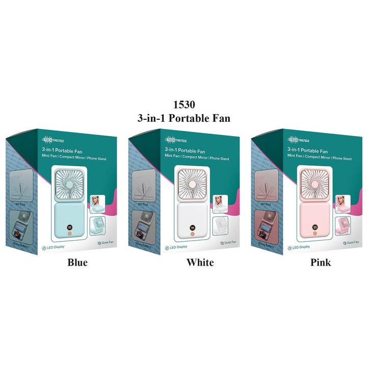 Tech Trendz - Wholesale Handheld electric fan - 3-in-1 Portable Fan, Mirror & Phone Stand2