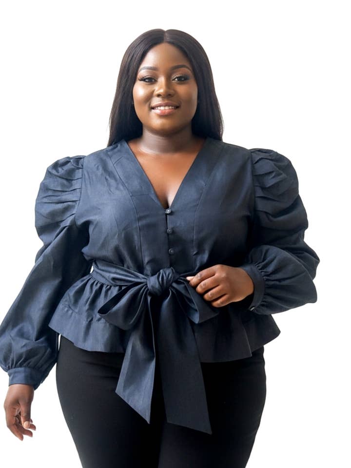 Denim Ruched sleeve Bow Blouse -652D for wholesale by India Batik