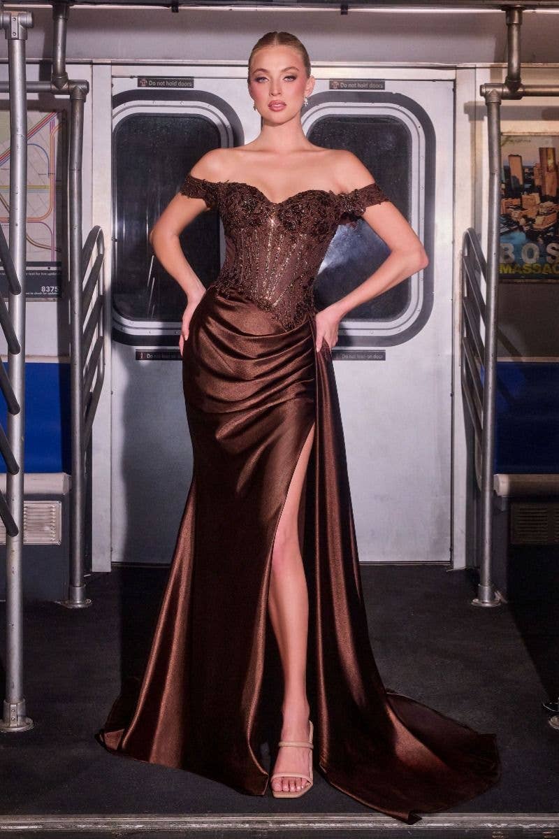 Tux-USA® - Wholesale Gown - Women's - Off The Shoulder Lace & Satin Fitted Gown8