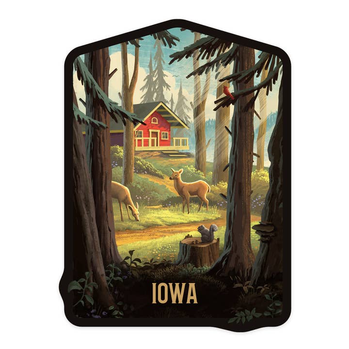 STICKERS Iowa, Slip Away, Cabin With Wildlife for wholesale by Lantern Press
