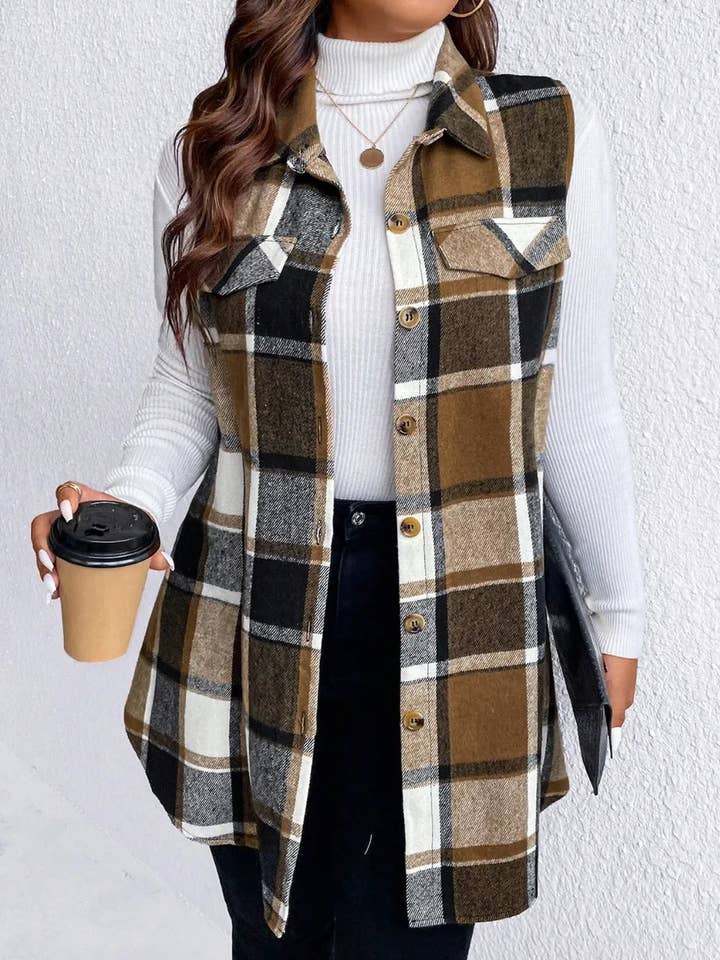 Honey Plus Size Pocketed Plaid Button Up Vest Coat for wholesale by React Activewear