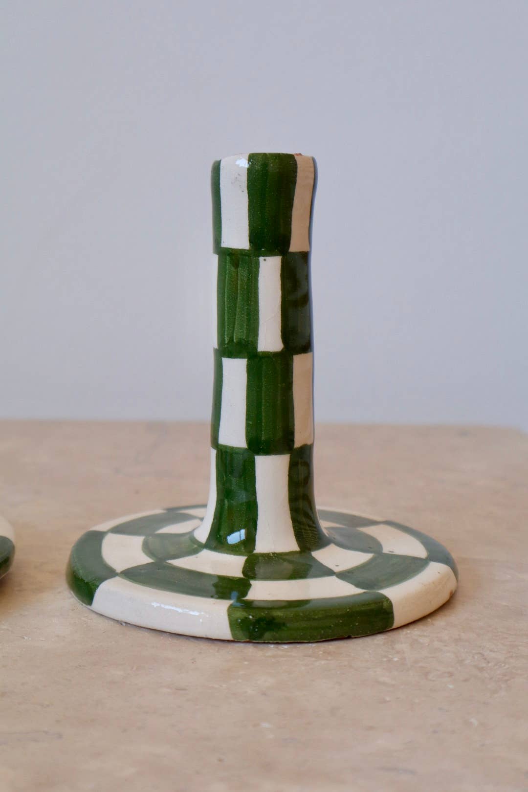Néda - Wholesale Candle Holder - Handmade Green and White Checkered Ceramic Candle Holder5