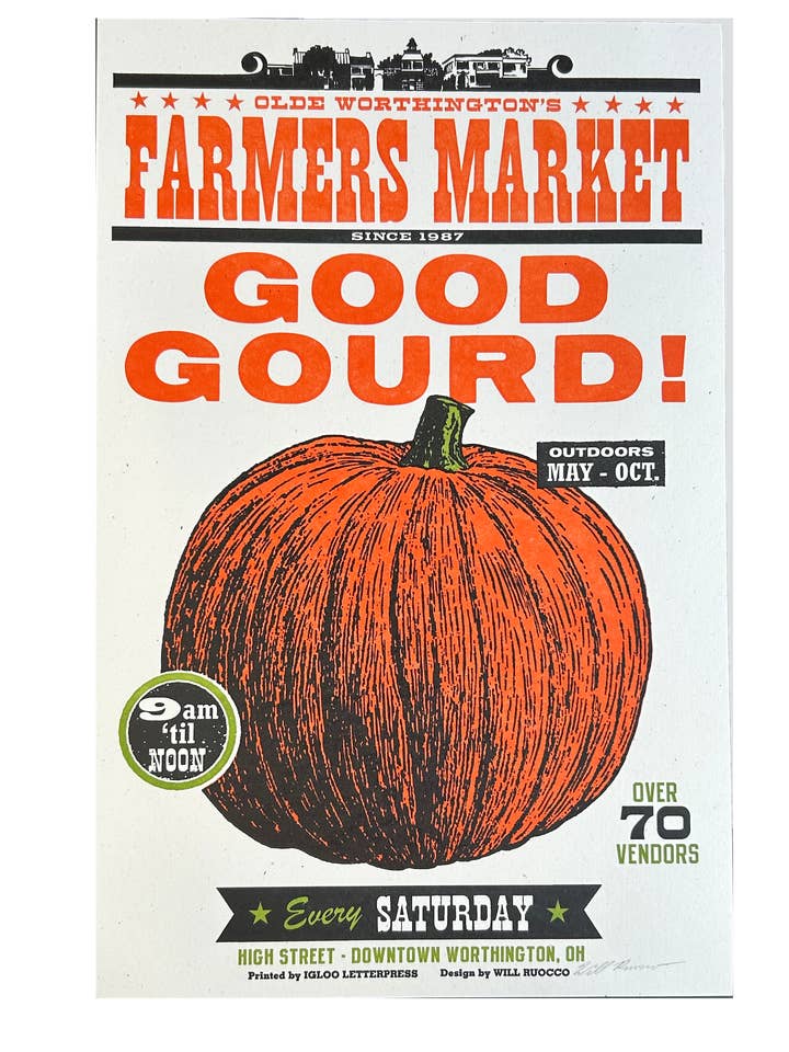 Póster de tipografía del mercado de los agricultores de calabaza para venta al por mayor de Igloo Letterpress