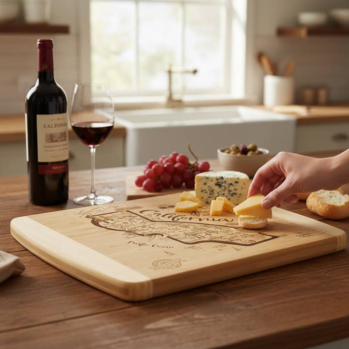Tábua de Corte de Charcutaria em Bambu Gravada a Laser da Califórnia por atacado de Gooseberry Designs