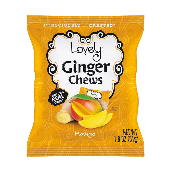 Mango Ginger Chews Candy 1.8oz Single Serve Bags - 24 Pack for wholesale by Lovely Candy Company