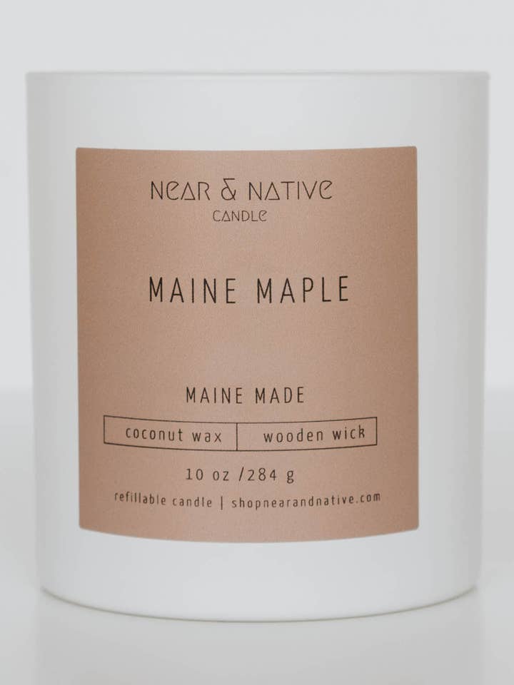 10 oz genopfyldeligt Maine-ahorn-lys med trævæge for engroshandel hos Near & Native Candles