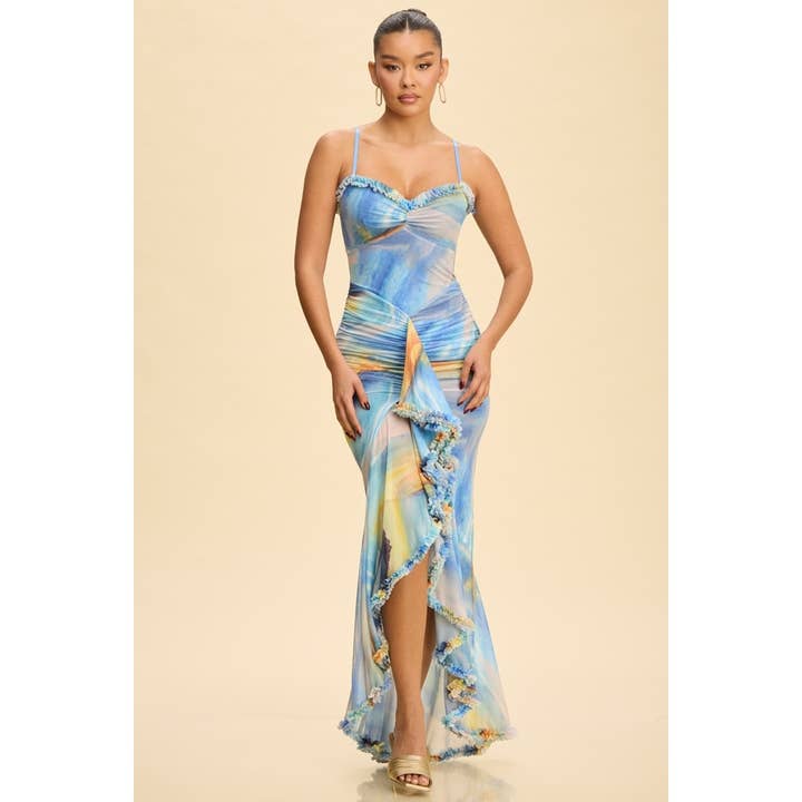 SHIRRED MESH RUFFLE MAXI DRESS for wholesale by Luxxel