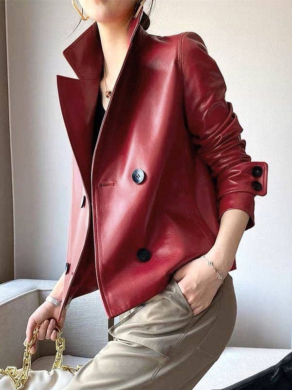 Sheer Trend - Wholesale Leather Jacket - Women's - Long Sleeve Solid Color Notched Collar Jacket5