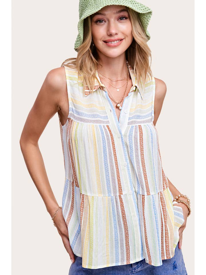 La Miel - Wholesale Blouse - Women's - SRT7466-Lightweight Multi-color Shirt Sleeveless Top