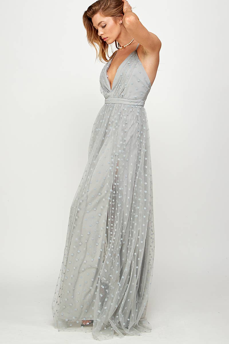 Bleu poussiéreux Robe Maxi en Tulle à Pois Éthérée en vente sur Faire5