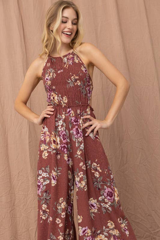 Wine Jacquard Wide Leg Halter Jumpsuit for wholesale on Faire3