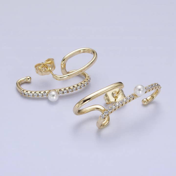 14K Gold Filled Double Claw Bar CZ Pearl Stud Earrings for wholesale by Aim Eternal